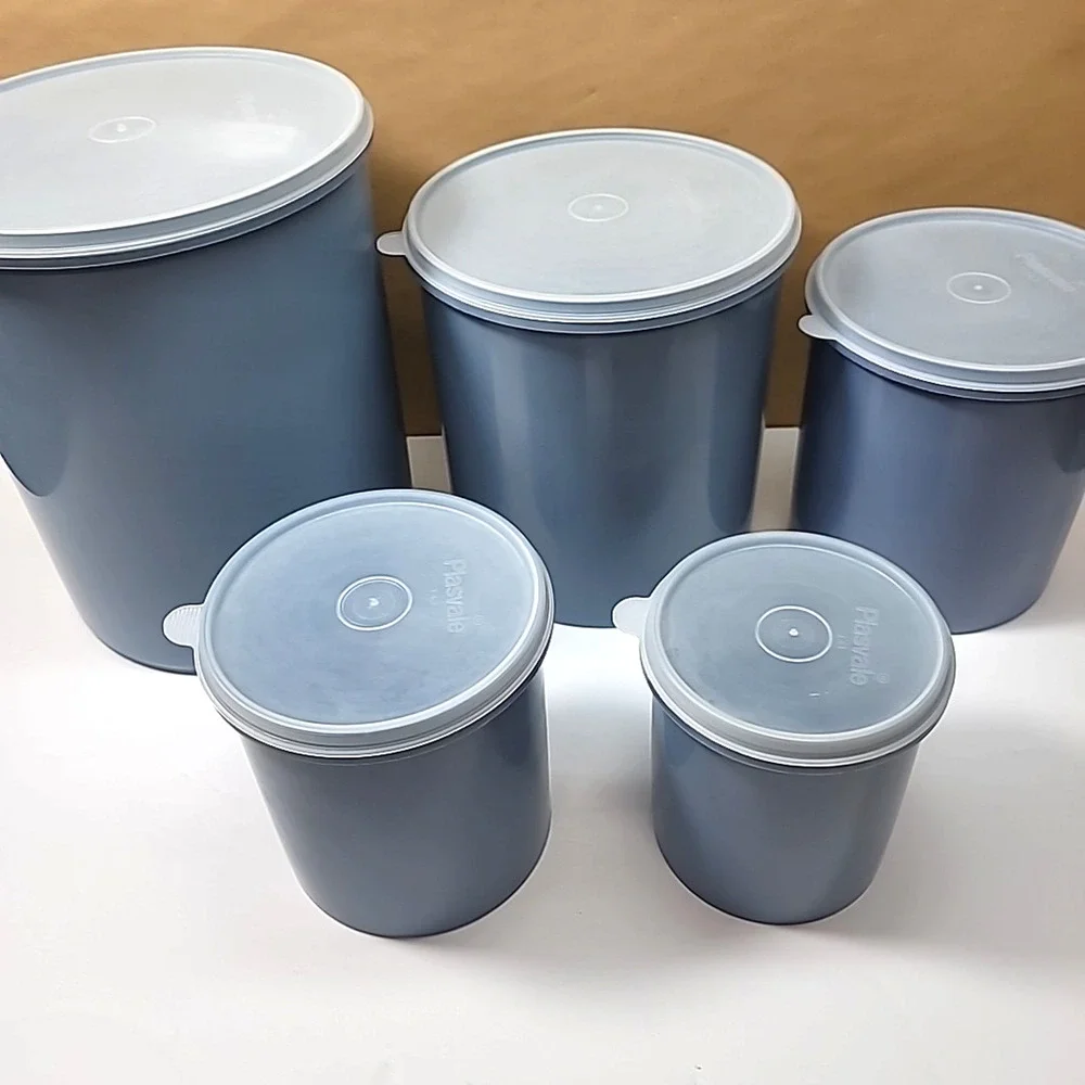 Set of 5 Vtg Plasvale Cornflower Blue Round Plastic Nesting Containers/Canisters
